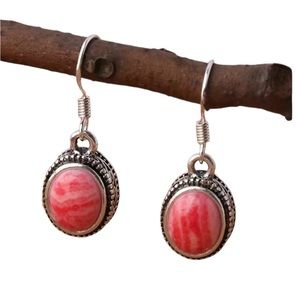 Pink Rhodolite Oval Stone and Silver Earrings